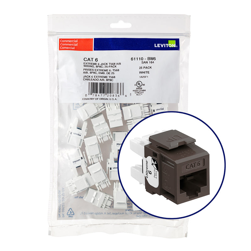 61110-BB6 Modular Jack, Leviton QuickPort eXtreme, CAT6, RJ45, 25 Pack, Brown