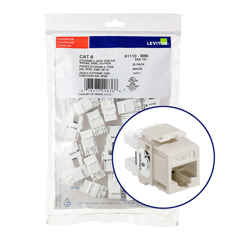 61110-BT6 Modular Jack, Leviton QuickPort eXtreme, CAT6, RJ45, 25 Pack, Lt. Almond